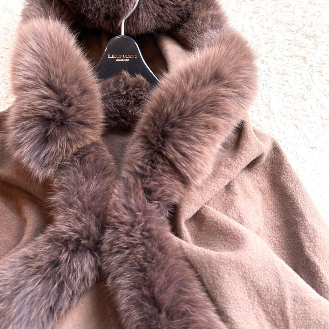 【カシミヤ✨️フォックス ポンチョ】 フード付き 本毛皮 マント コート 茶