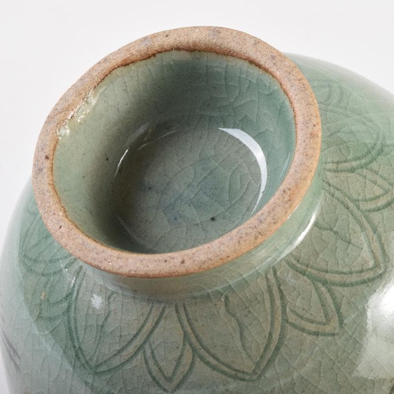 豆　一玉作　高麗青磁　象嵌雲鶴文　茶碗　共箱　C　7143