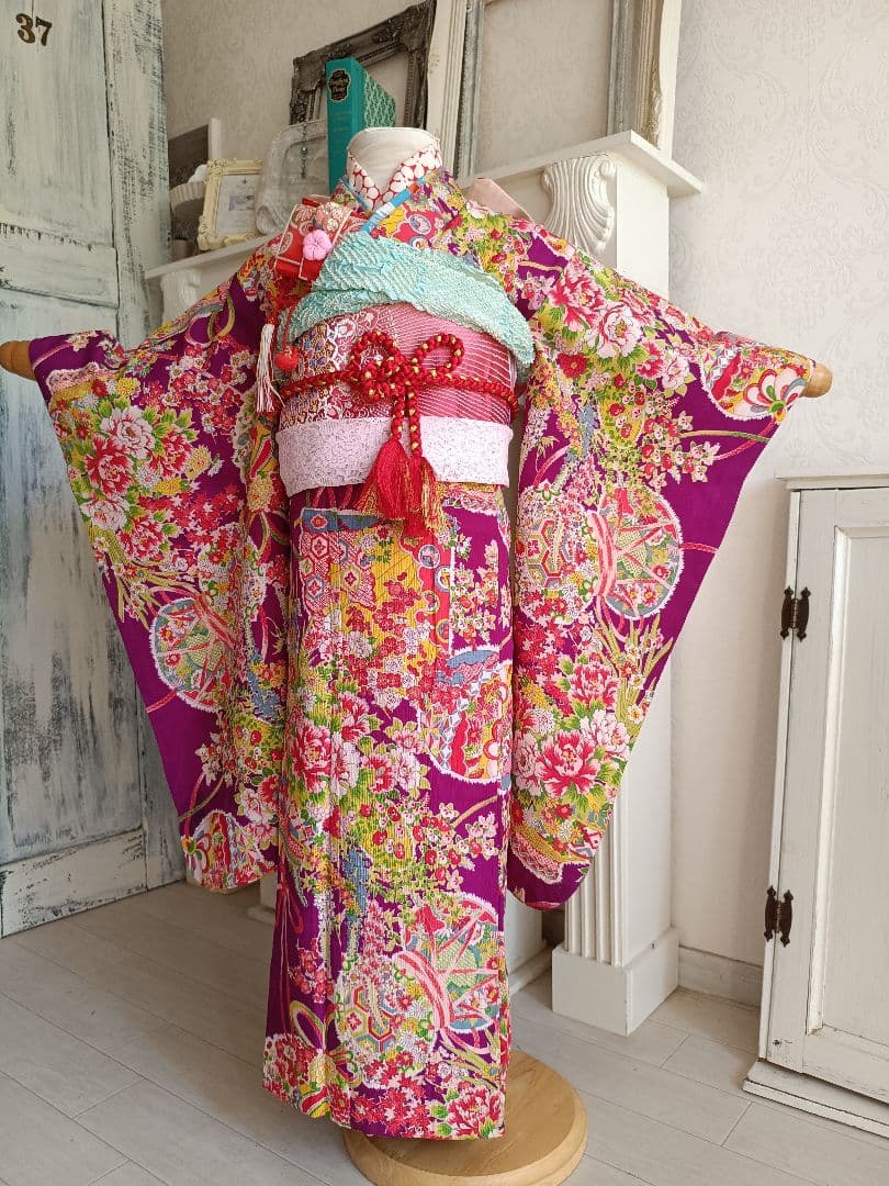 専用です☆アンティーク紫　百花繚乱着物と作り帯☆七五三