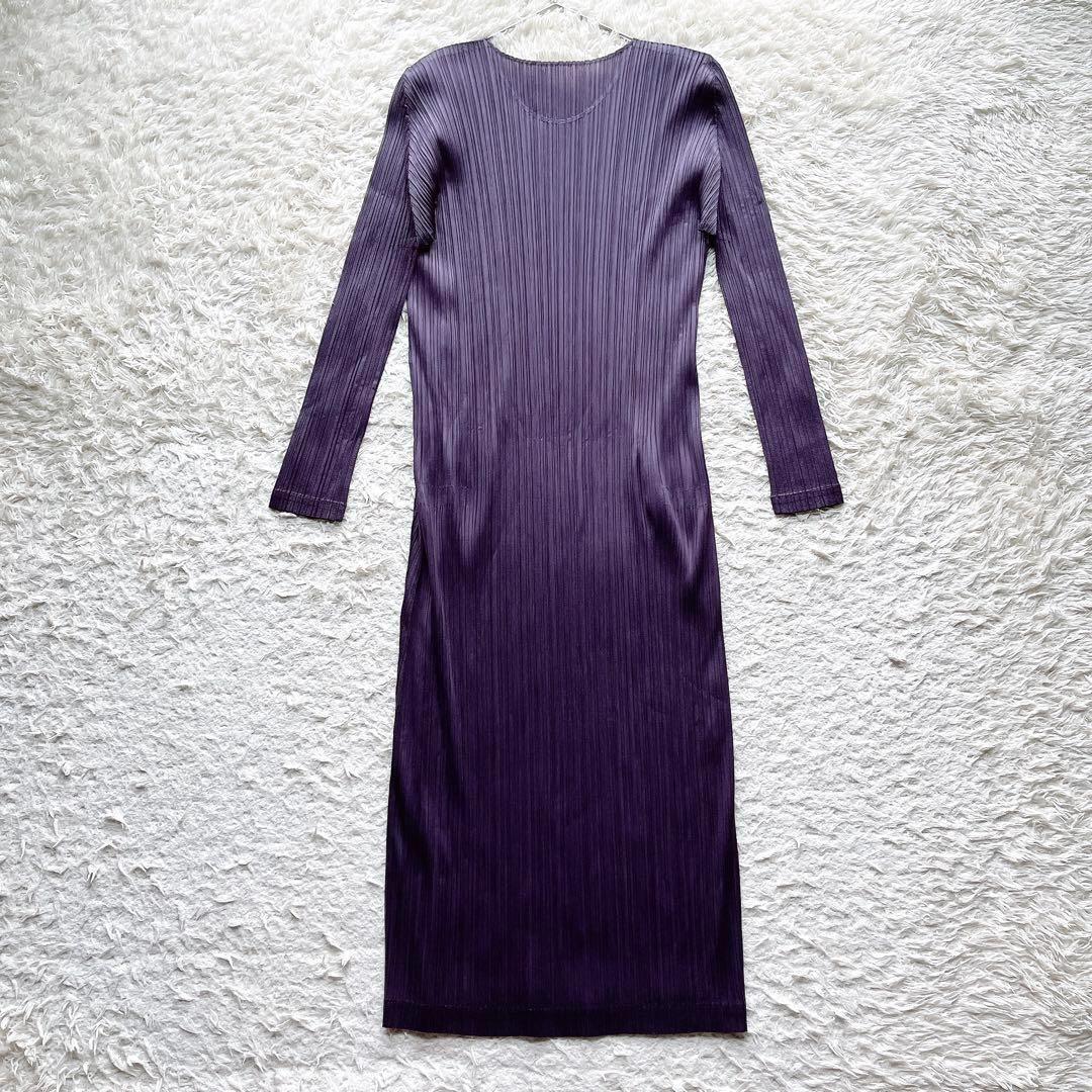 プリーツプリーズ ロングワンピース マキシ丈 長袖 パープル 3サイズ