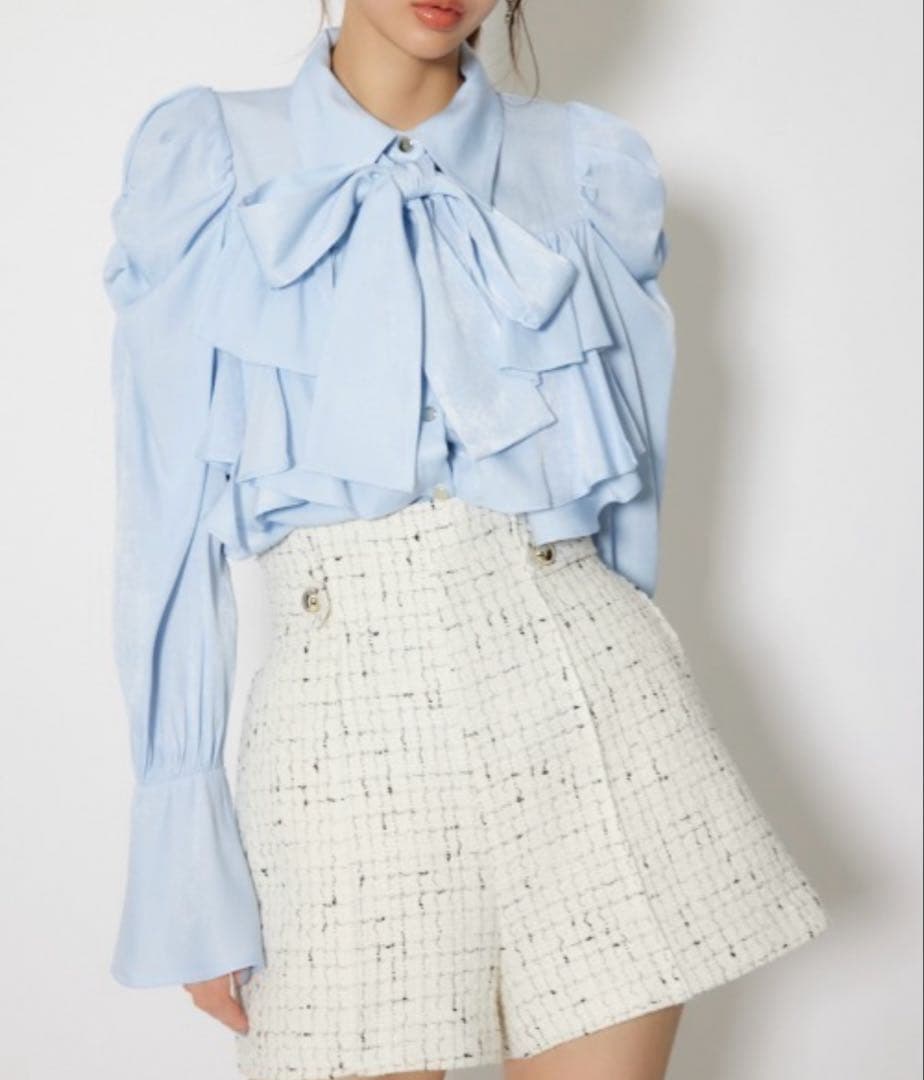 rienda BIGリボンダンガリーパターンブラウス 春服