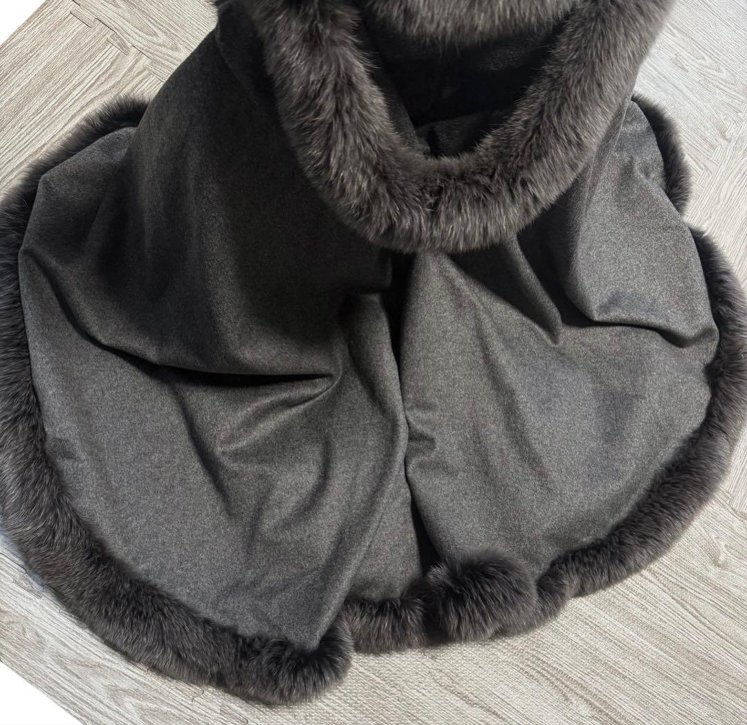 BALMAIN 高級 カシミヤ フォックスファー ポンチョ ケープコート グレー