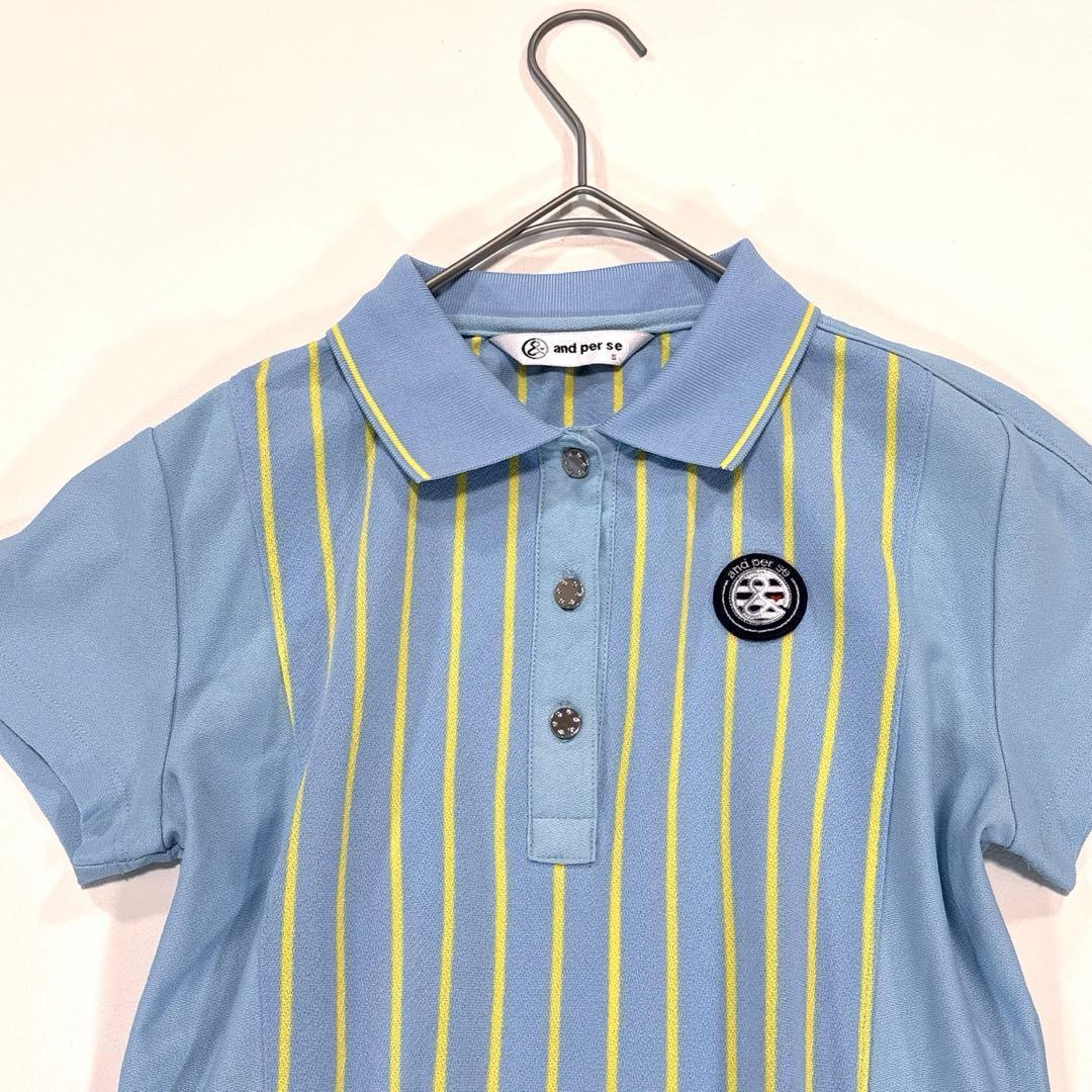アンパスィ　半袖ポロシャツ　ワンピース　ストライプ　スカイブルー S