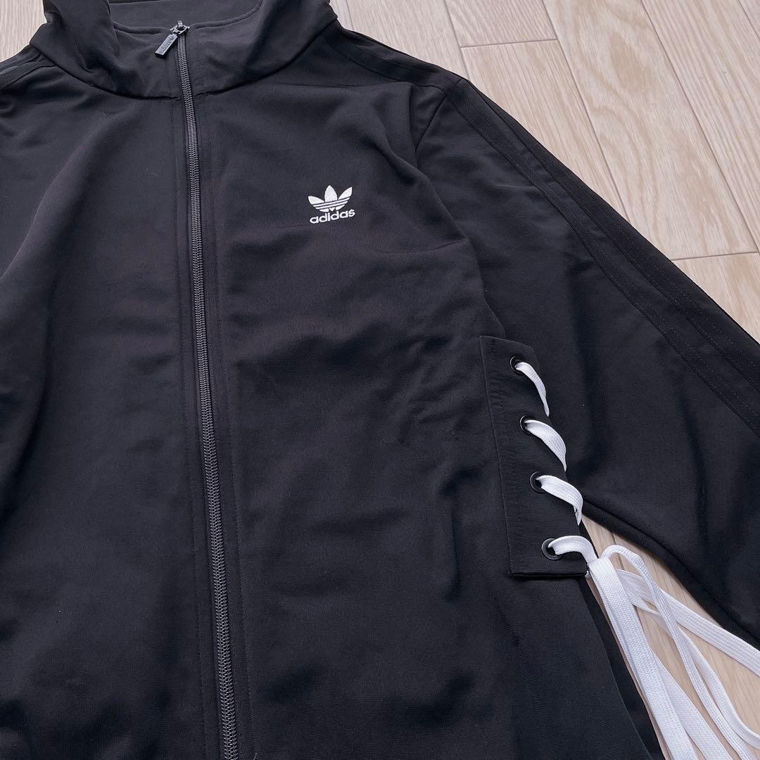 adidas レースアップトラックジャケット ワンピース XL リボン ブラック
