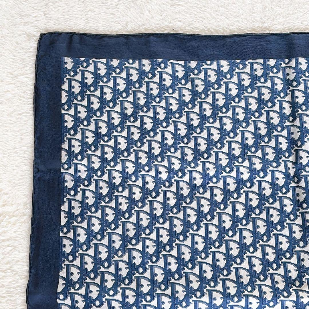 【クリスチャンディオール】シルク100%大判スカーフ トロッター ネイビー 白