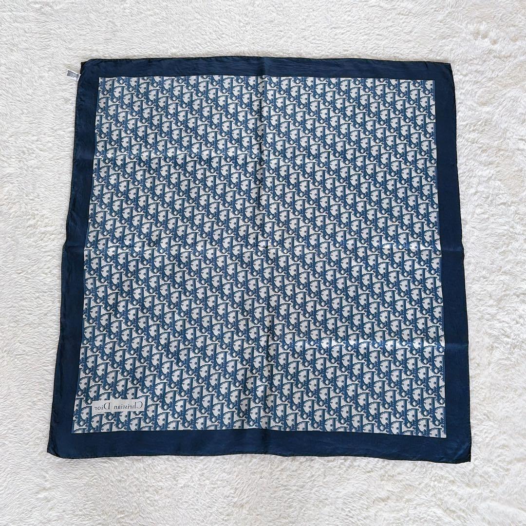 【クリスチャンディオール】シルク100%大判スカーフ トロッター ネイビー 白