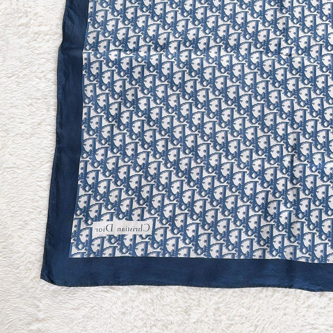 【クリスチャンディオール】シルク100%大判スカーフ トロッター ネイビー 白