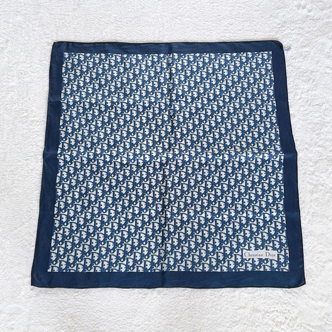 【クリスチャンディオール】シルク100%大判スカーフ トロッター ネイビー 白