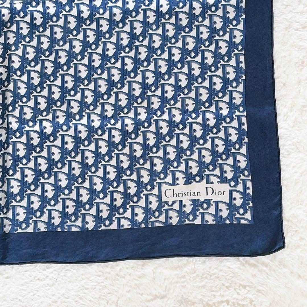 【クリスチャンディオール】シルク100%大判スカーフ トロッター ネイビー 白