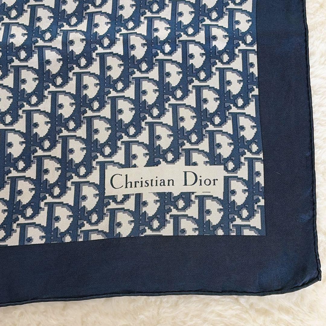 【クリスチャンディオール】シルク100%大判スカーフ トロッター ネイビー 白