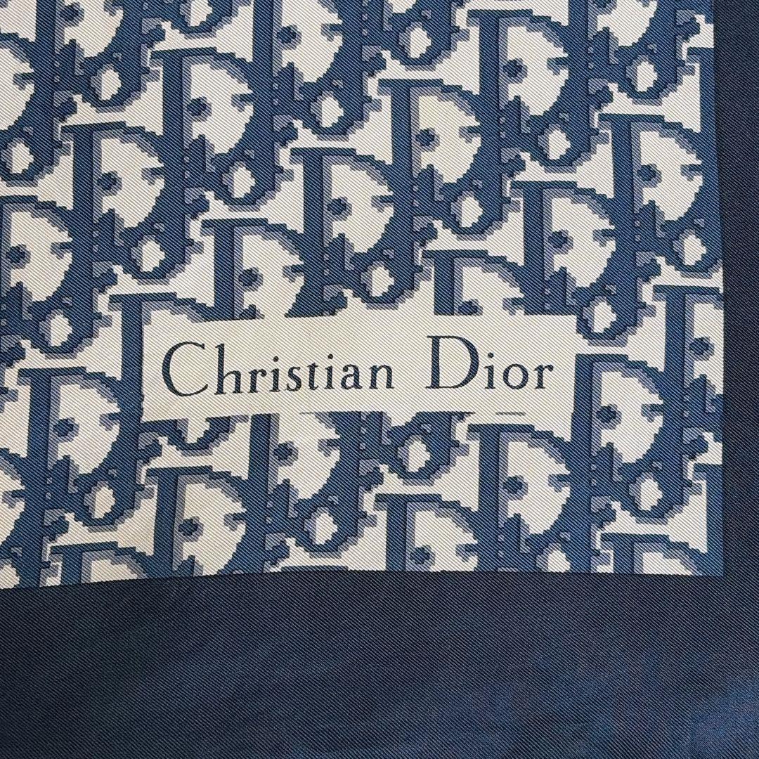 【クリスチャンディオール】シルク100%大判スカーフ トロッター ネイビー 白