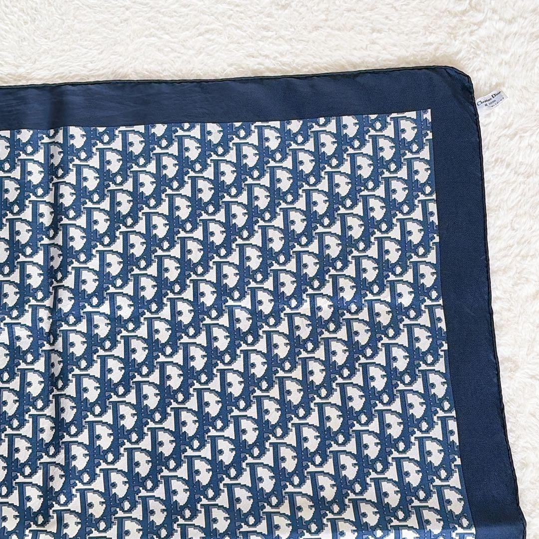 【クリスチャンディオール】シルク100%大判スカーフ トロッター ネイビー 白