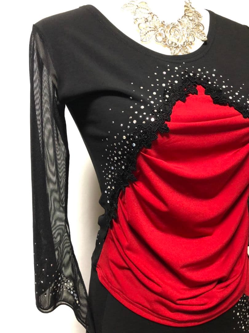 社交ダンス練習着レッスン着パーティ。切り替えレースビジュ上下セットアップドレス