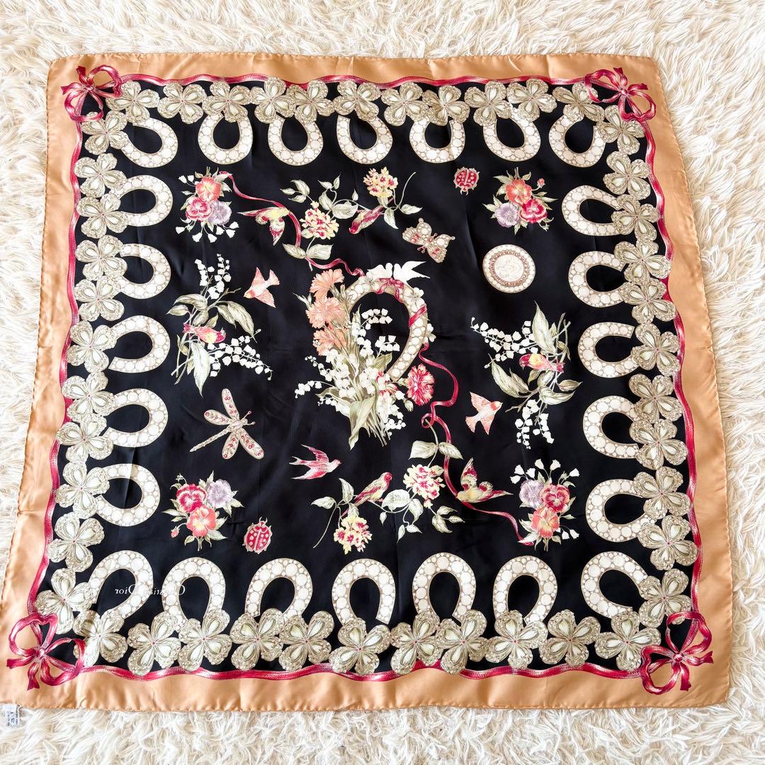 【美品】ディオール 大判シルク スカーフ Diorロゴ 花 鳥 トンボ リボン