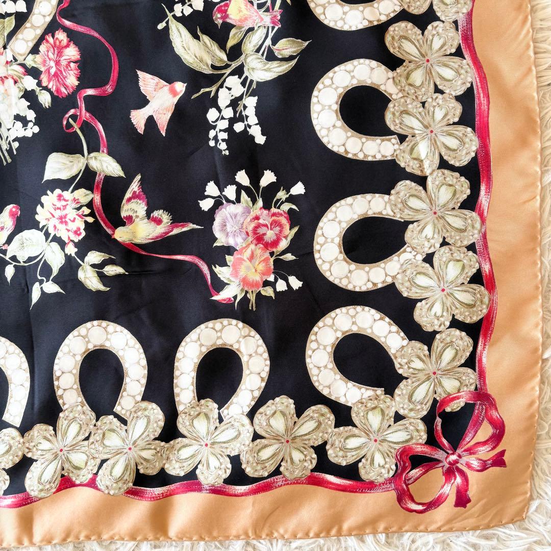 【美品】ディオール 大判シルク スカーフ Diorロゴ 花 鳥 トンボ リボン