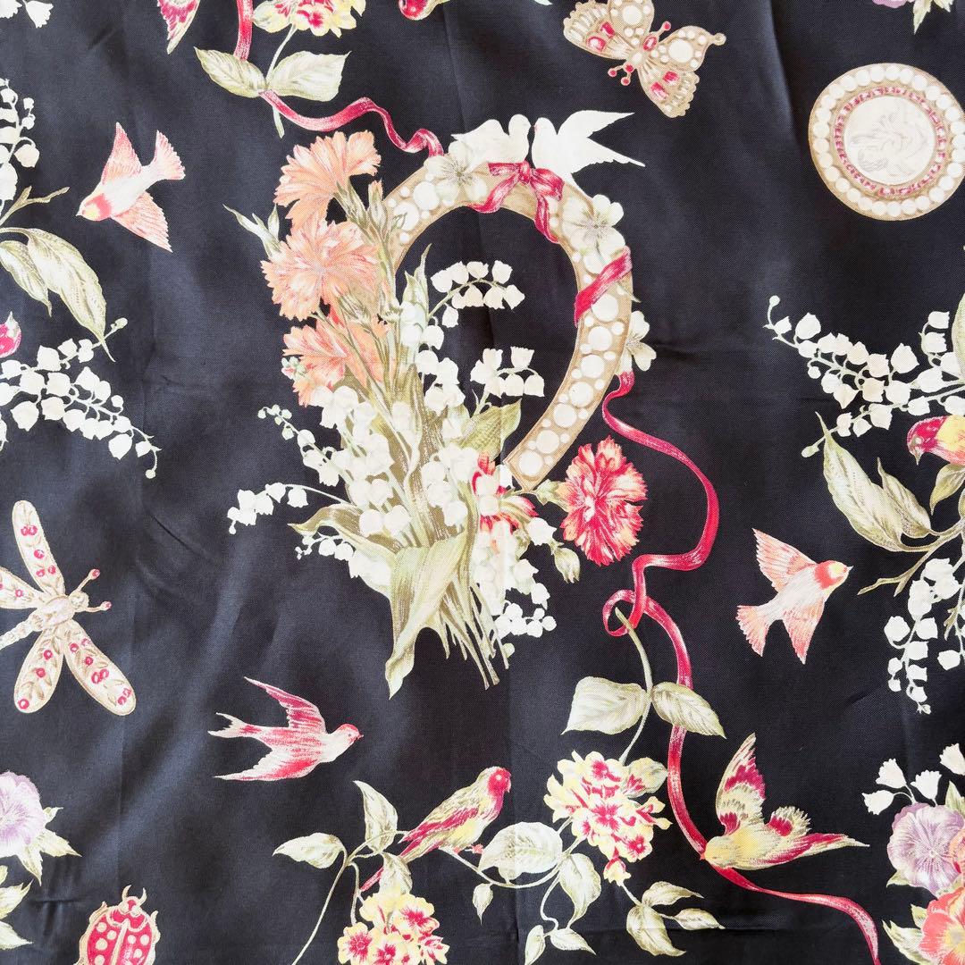 【美品】ディオール 大判シルク スカーフ Diorロゴ 花 鳥 トンボ リボン