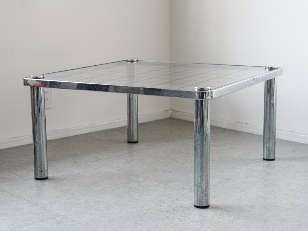 ポストモダン ヴィンテージ メタル×ガラステーブル 格子柄 ミッドセンチュリー