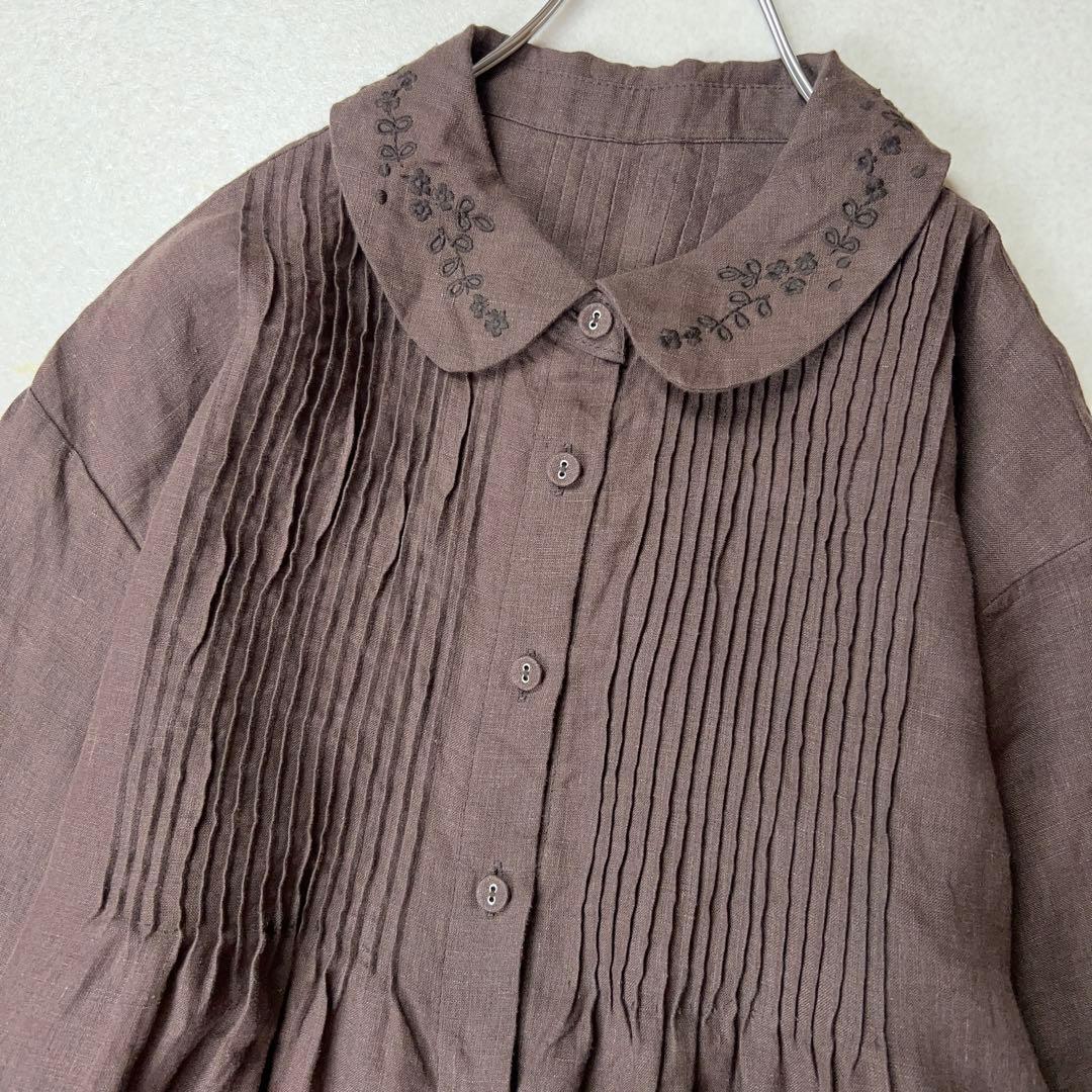 専用ELLIFE 丸襟 刺繍　リネン100 % 麻　ピンタック　ワンピース