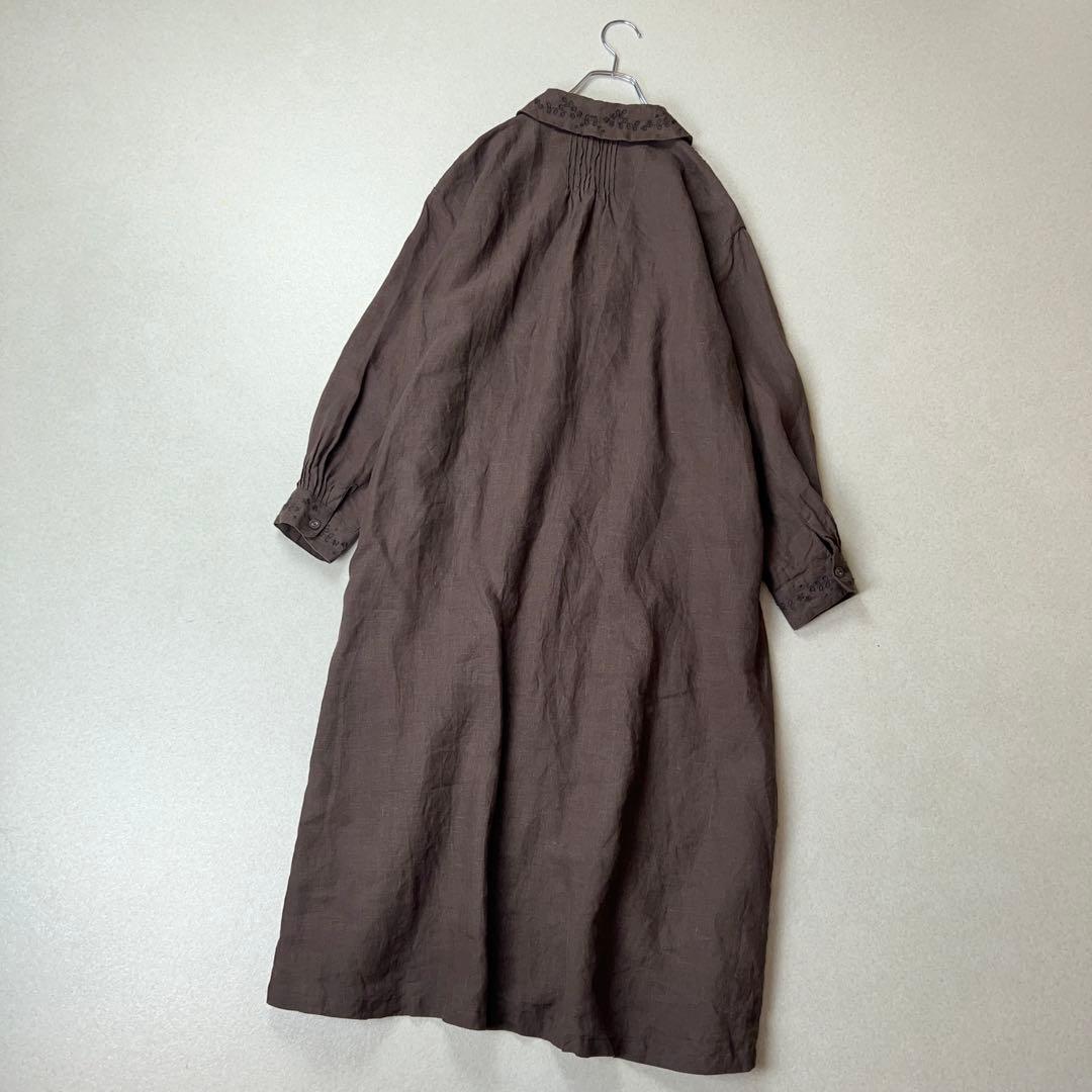 専用ELLIFE 丸襟 刺繍　リネン100 % 麻　ピンタック　ワンピース