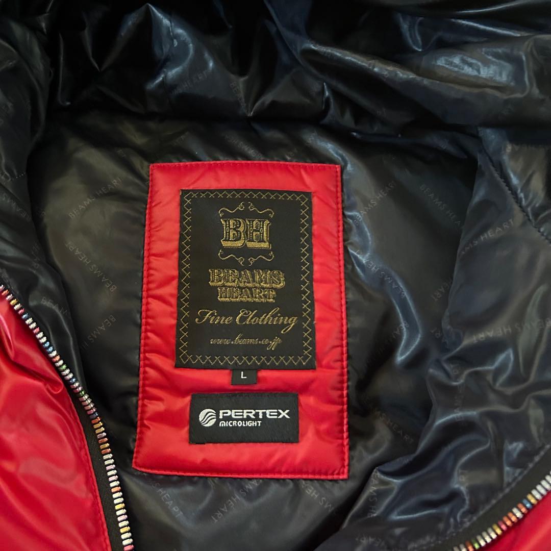 【美品/肉厚】ビームスハート ダウンジャケット フーテッド 赤/黒 Lサイズ