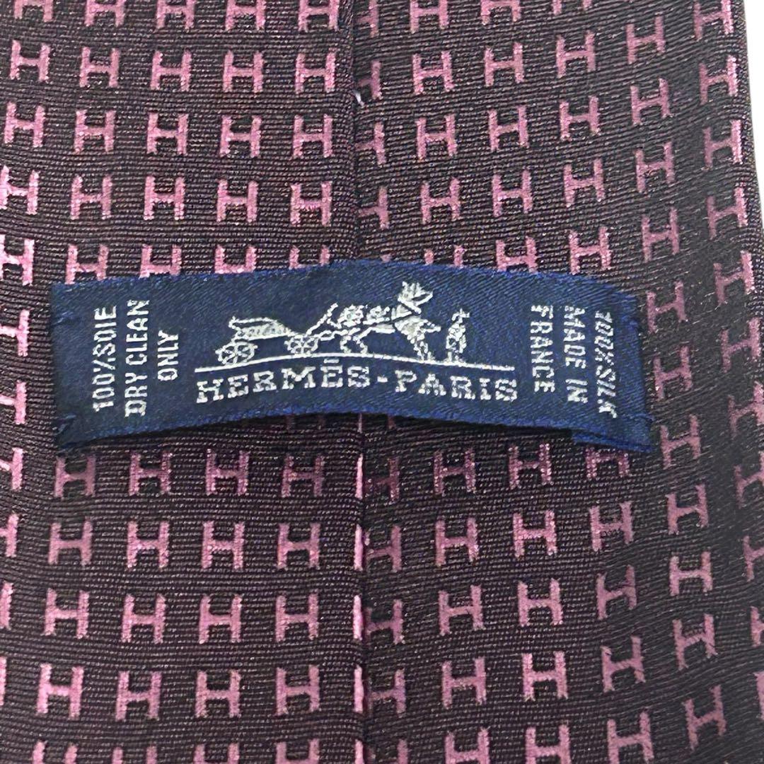 極美品　エルメス　シルクHロゴタイ　ブラウン×ピンク8cm