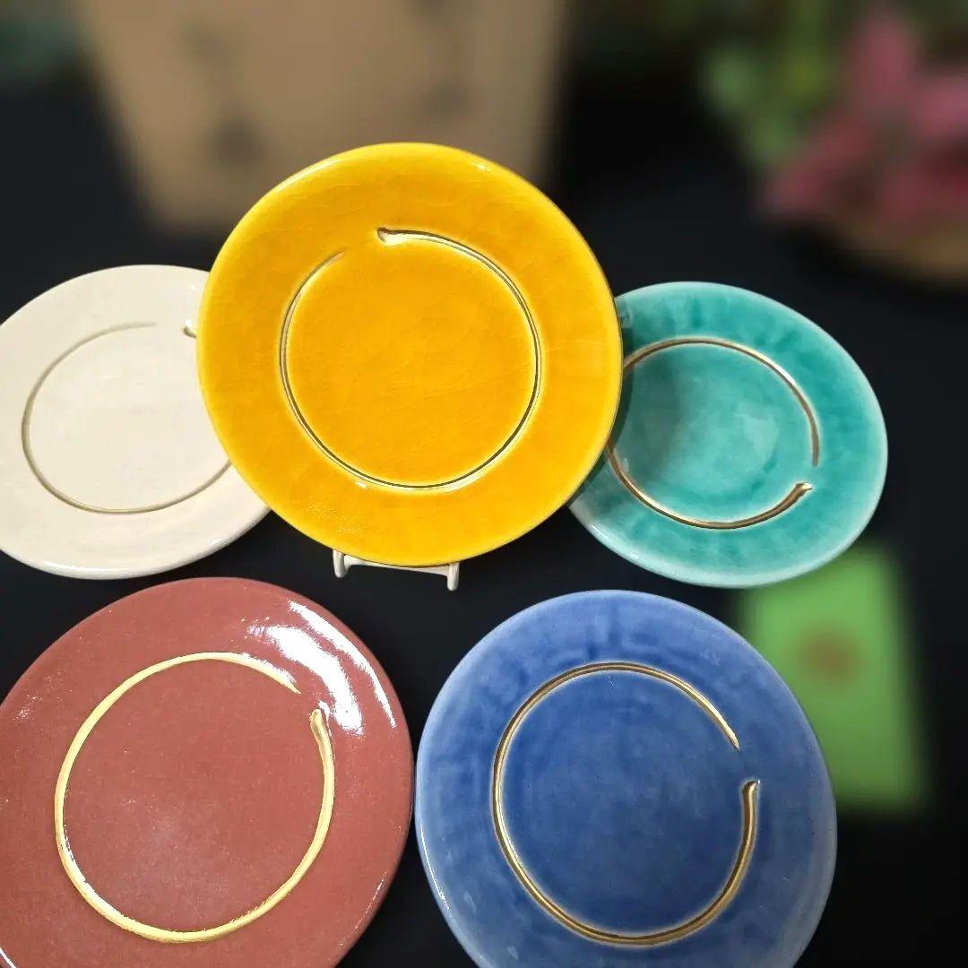 京焼　川崎和楽作　和楽造　　金彩　円相　五彩　銘々皿　5枚　茶道具/菓子器