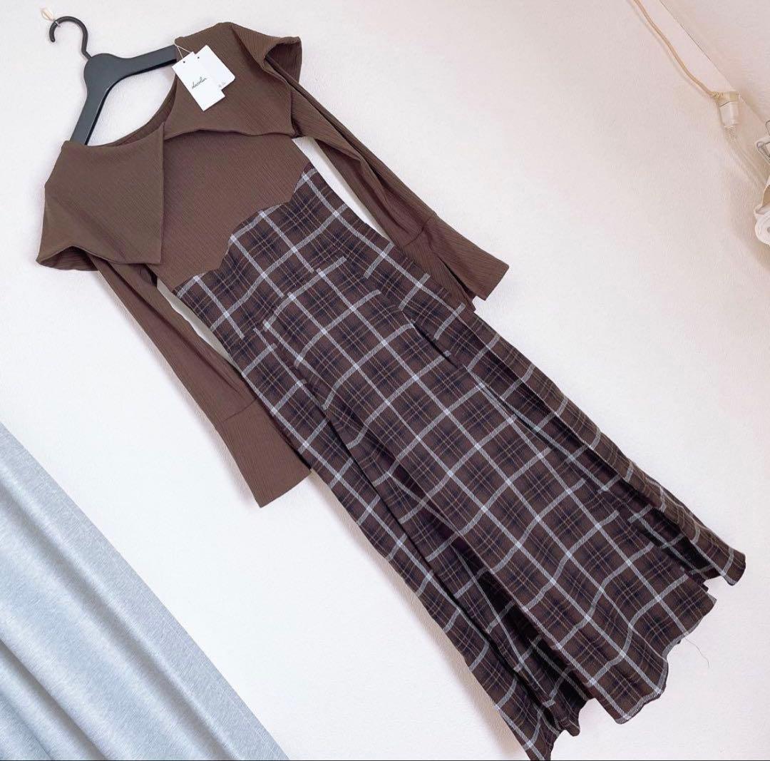 dazzlin ダズリン ビッグカラーチェックコルセットワンピース（ブラウン）m