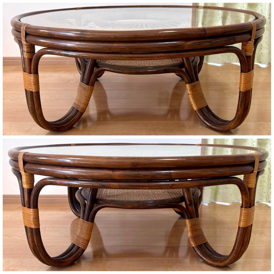 ラタン ガラス天板 センターテーブル 円形 籐家具