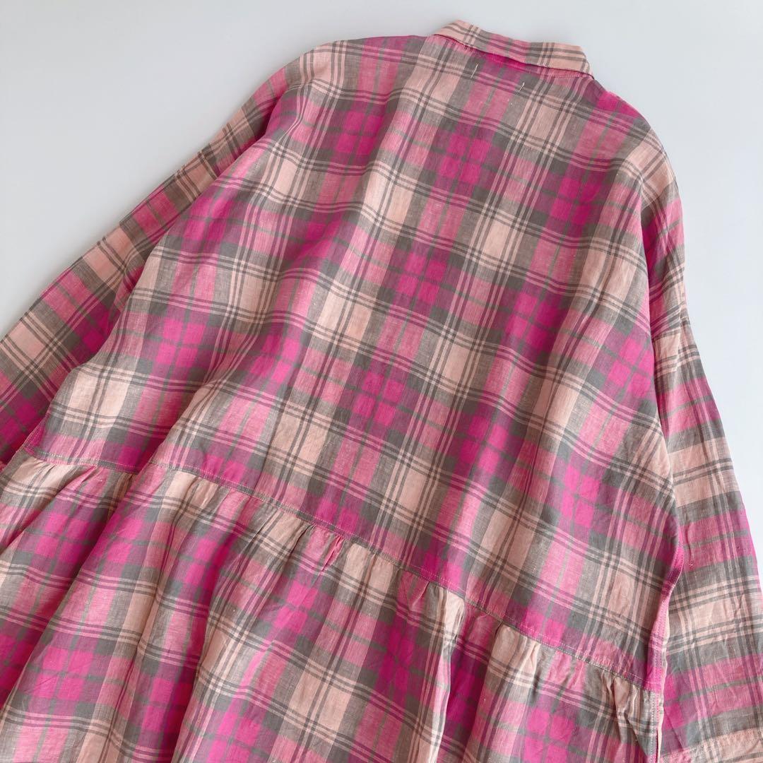 タグ付未使用 イチアンティークス リネン ギャザー シャツワンピース チェック