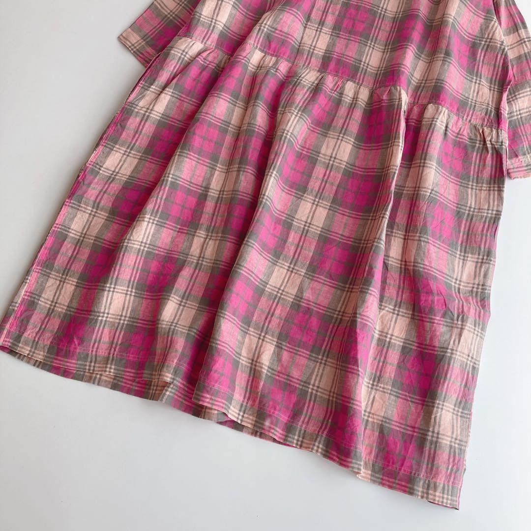 タグ付未使用 イチアンティークス リネン ギャザー シャツワンピース チェック
