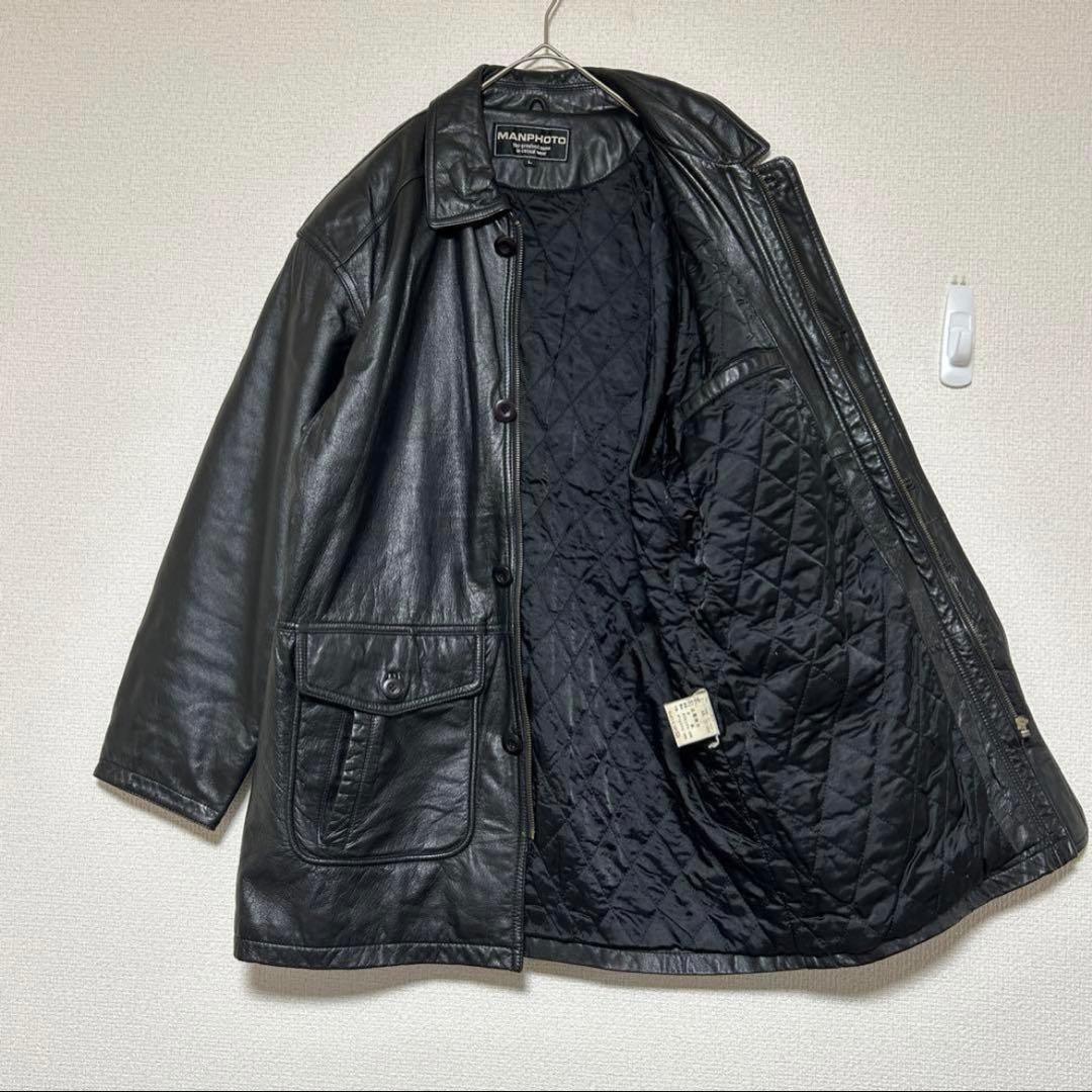 【美品】牛革 レザー カーコート 中綿 キルティング 黒 本革 ヴィンテージ L