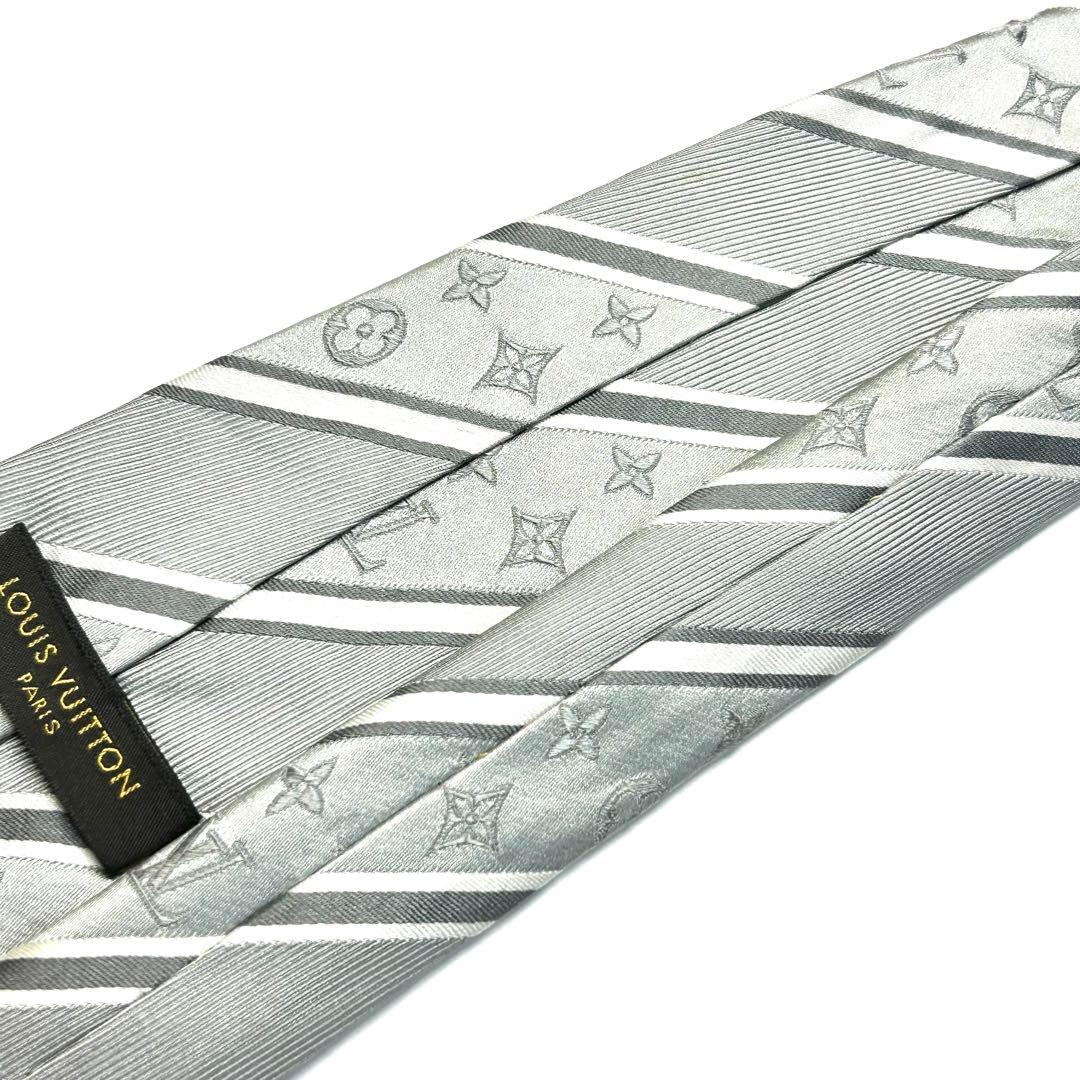 【美品✨】ルイヴィトン ネクタイ シルバー モノグラム レジメンタル 高級シルク