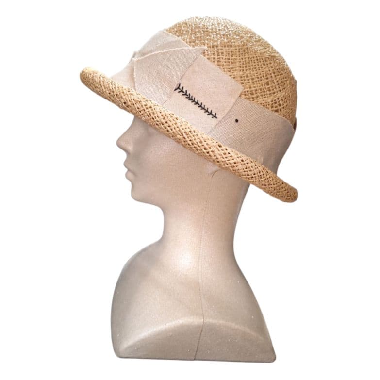 カミラフカ　麦わら帽子　ストローハット　ハギレ模様　サイズ2