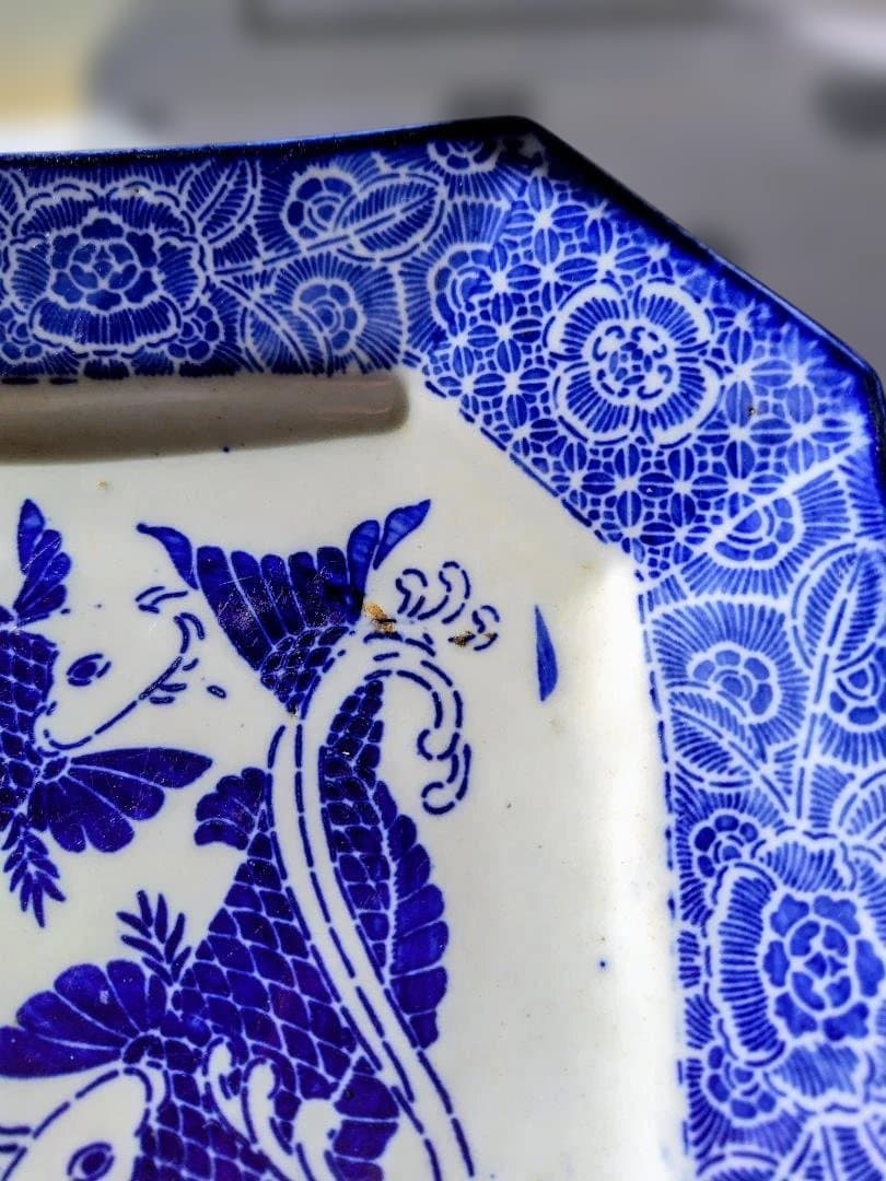 明治時代古伊万里銅板転写八角皿　有田焼手描き絵付飾り皿大と中