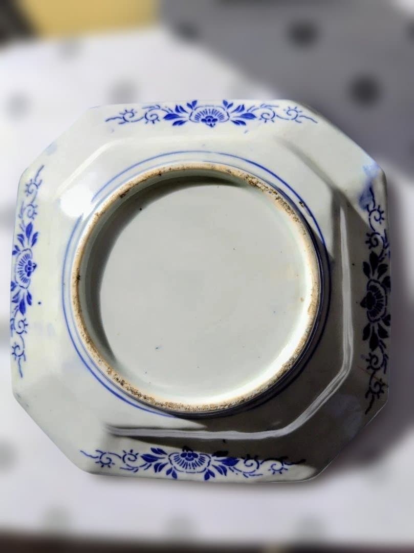 明治時代古伊万里銅板転写八角皿　有田焼手描き絵付飾り皿大と中