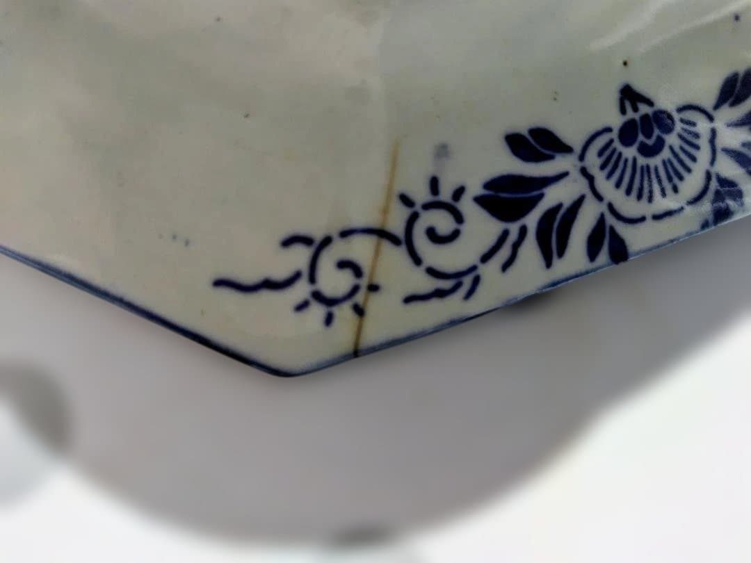 明治時代古伊万里銅板転写八角皿　有田焼手描き絵付飾り皿大と中