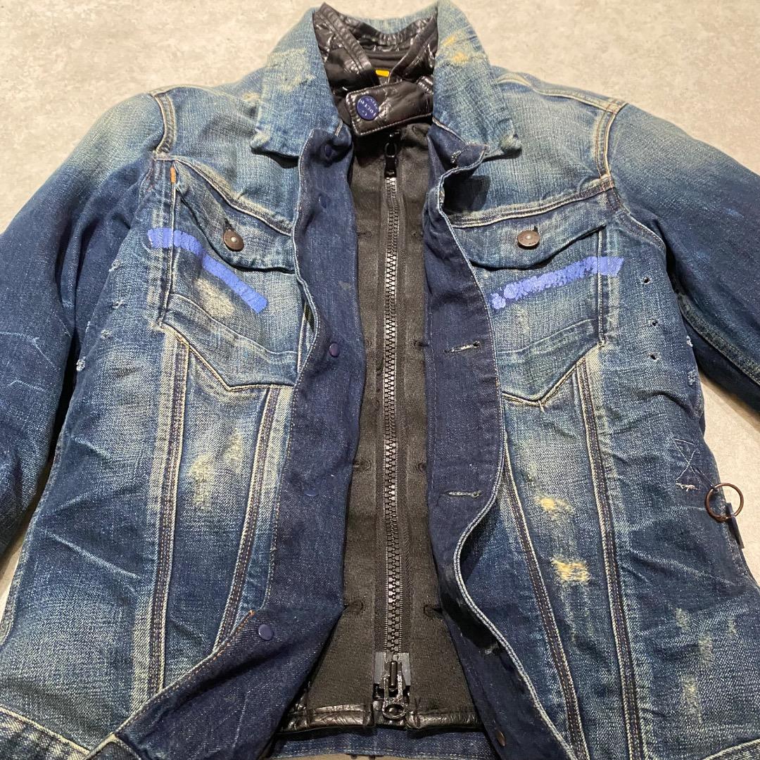 G-STAR RAW ダメージ レイヤード ダブルジップ デニムジャケット