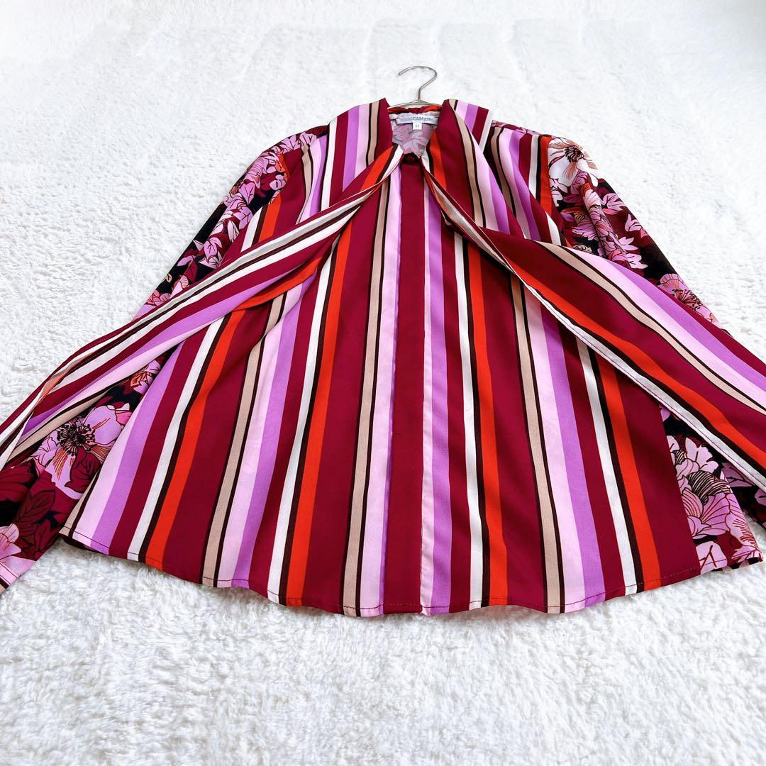 【NARACAMICIE】マルチストライプフラワープリントボウタイブラウス(Ⅱ)