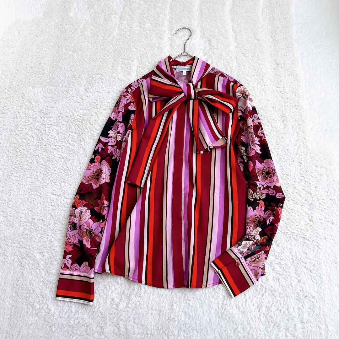 【NARACAMICIE】マルチストライプフラワープリントボウタイブラウス(Ⅱ)