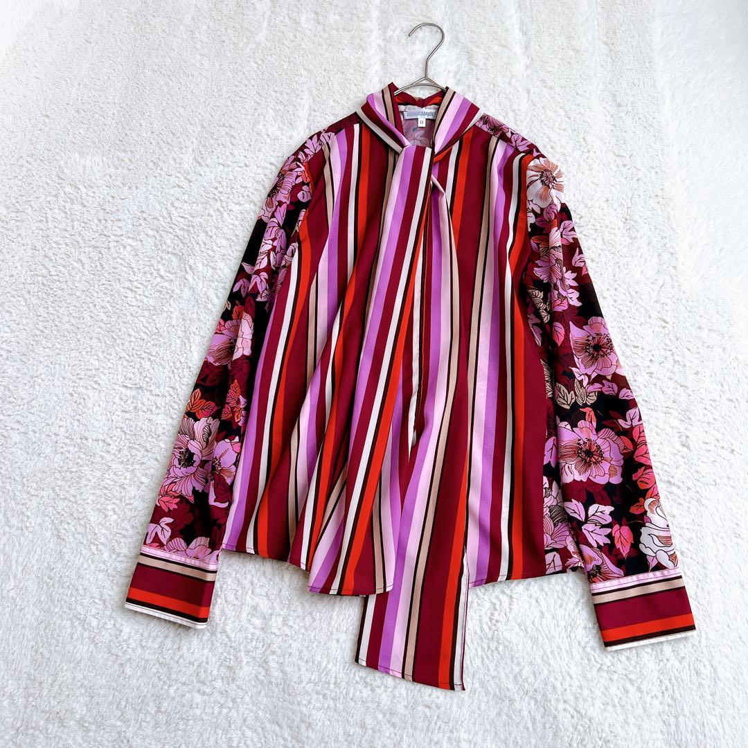 【NARACAMICIE】マルチストライプフラワープリントボウタイブラウス(Ⅱ)