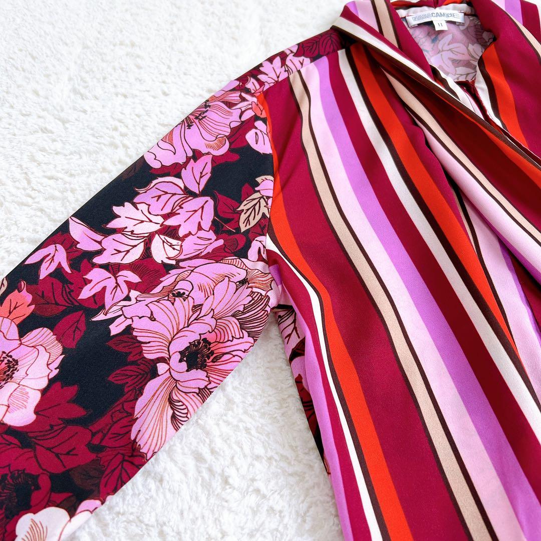 【NARACAMICIE】マルチストライプフラワープリントボウタイブラウス(Ⅱ)