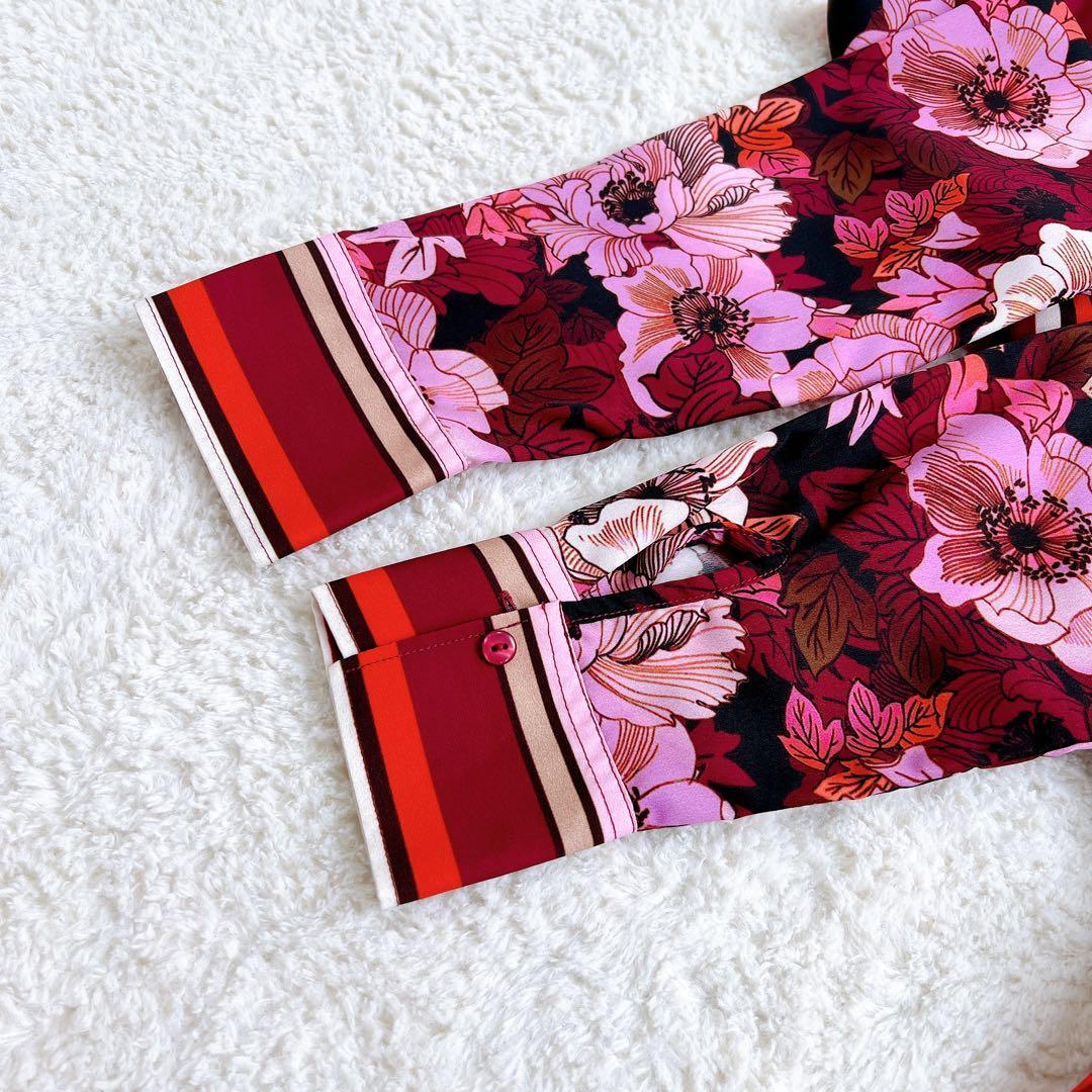 【NARACAMICIE】マルチストライプフラワープリントボウタイブラウス(Ⅱ)