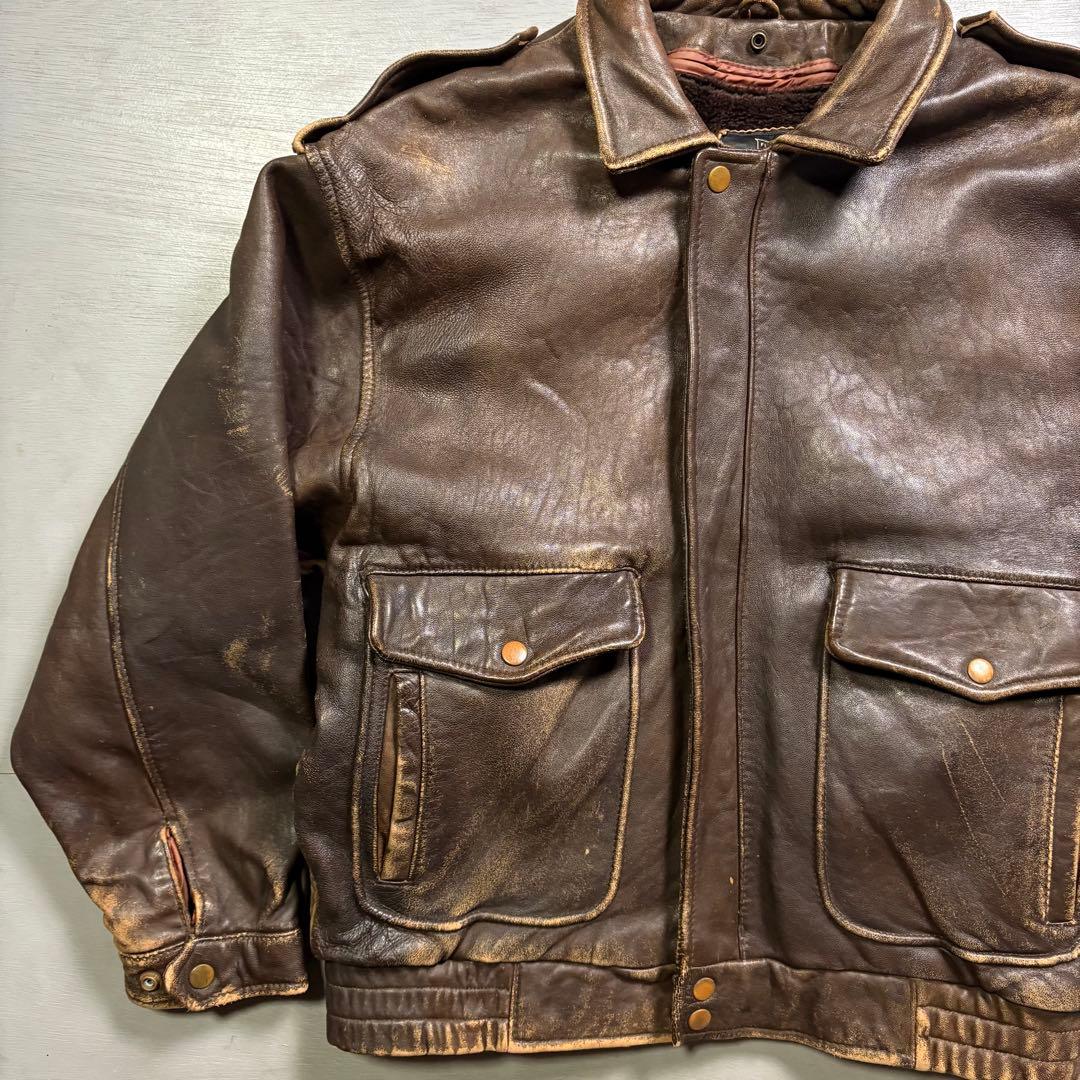 90's✨レザージャケット　A-2 羊革　ラムレザー　茶色　ショート丈　短丈　L