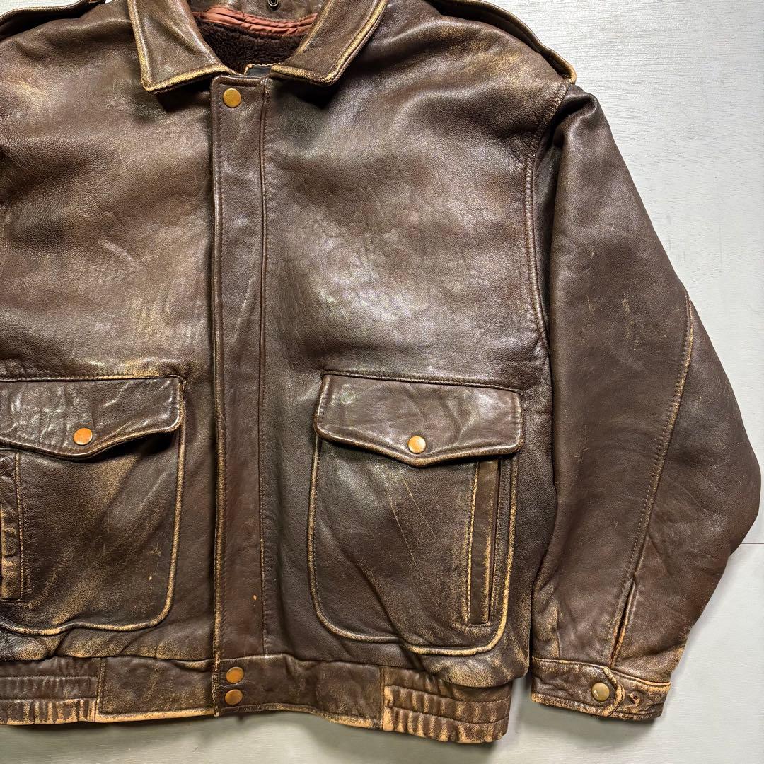 90's✨レザージャケット　A-2 羊革　ラムレザー　茶色　ショート丈　短丈　L