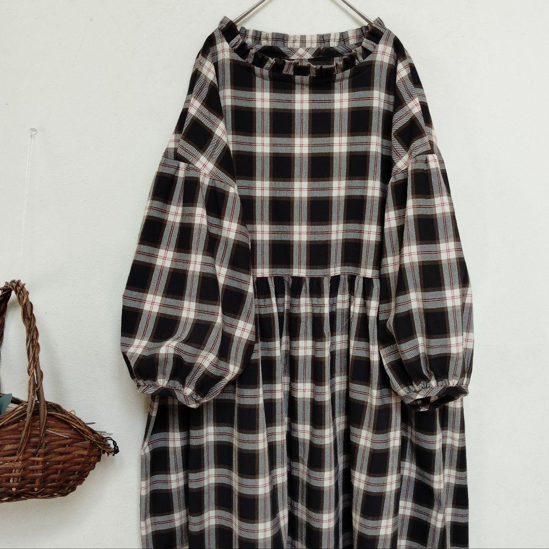 handmadeフリルのワンピースfree播州織チェックツイル