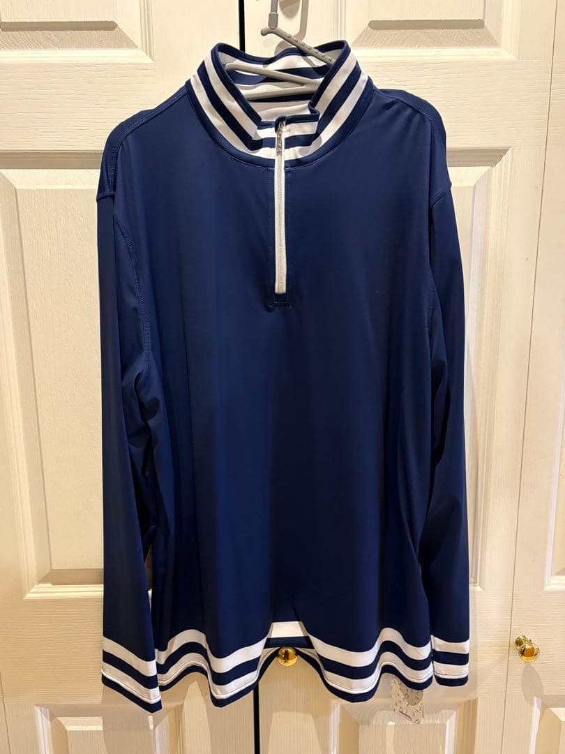 ネイビー/ホワイト ストライプ メンス ジップアップ長袖ハイネックシャツXL
