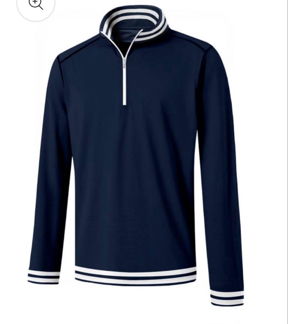 ネイビー/ホワイト ストライプ メンス ジップアップ長袖ハイネックシャツXL