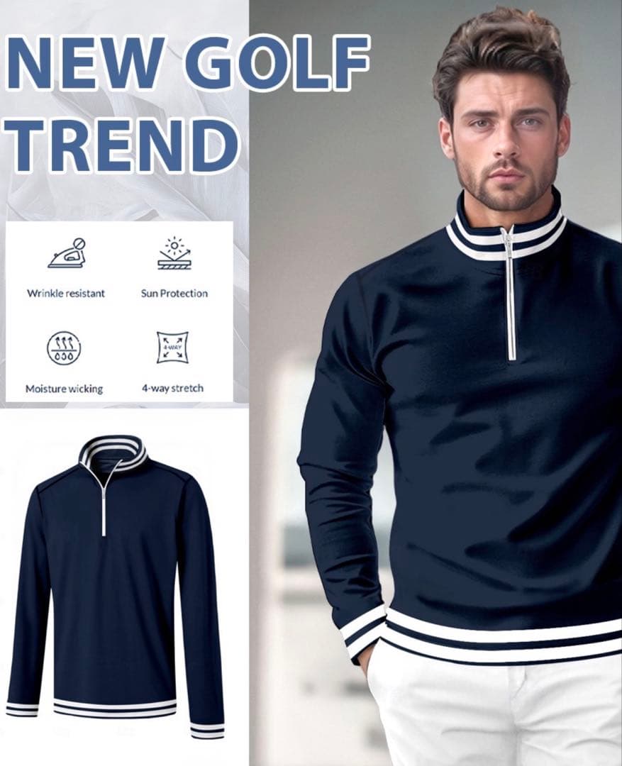 ネイビー/ホワイト ストライプ メンス ジップアップ長袖ハイネックシャツXL