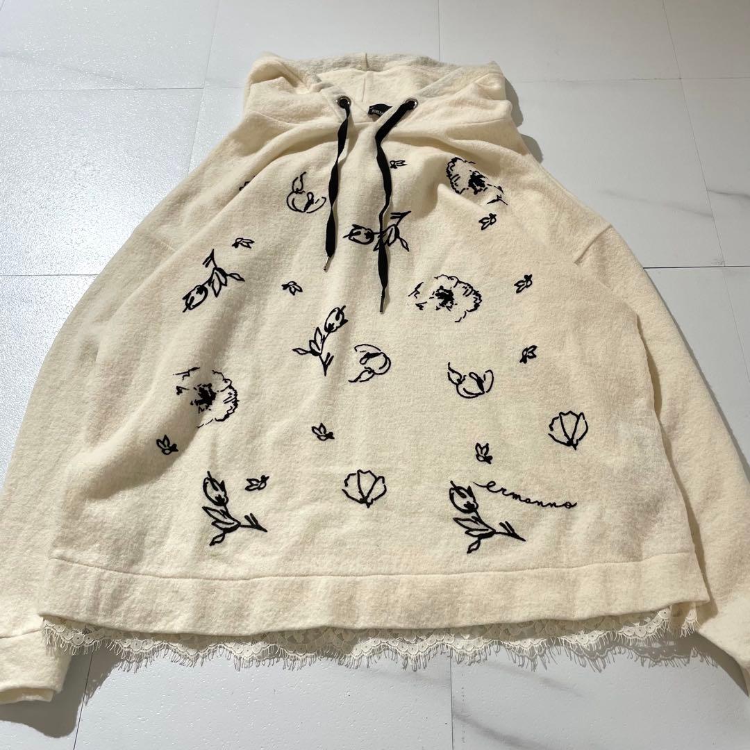 入手困難✨ エルマンノシェルビーノ パーカー ラムウール素材 レース生地 白色系