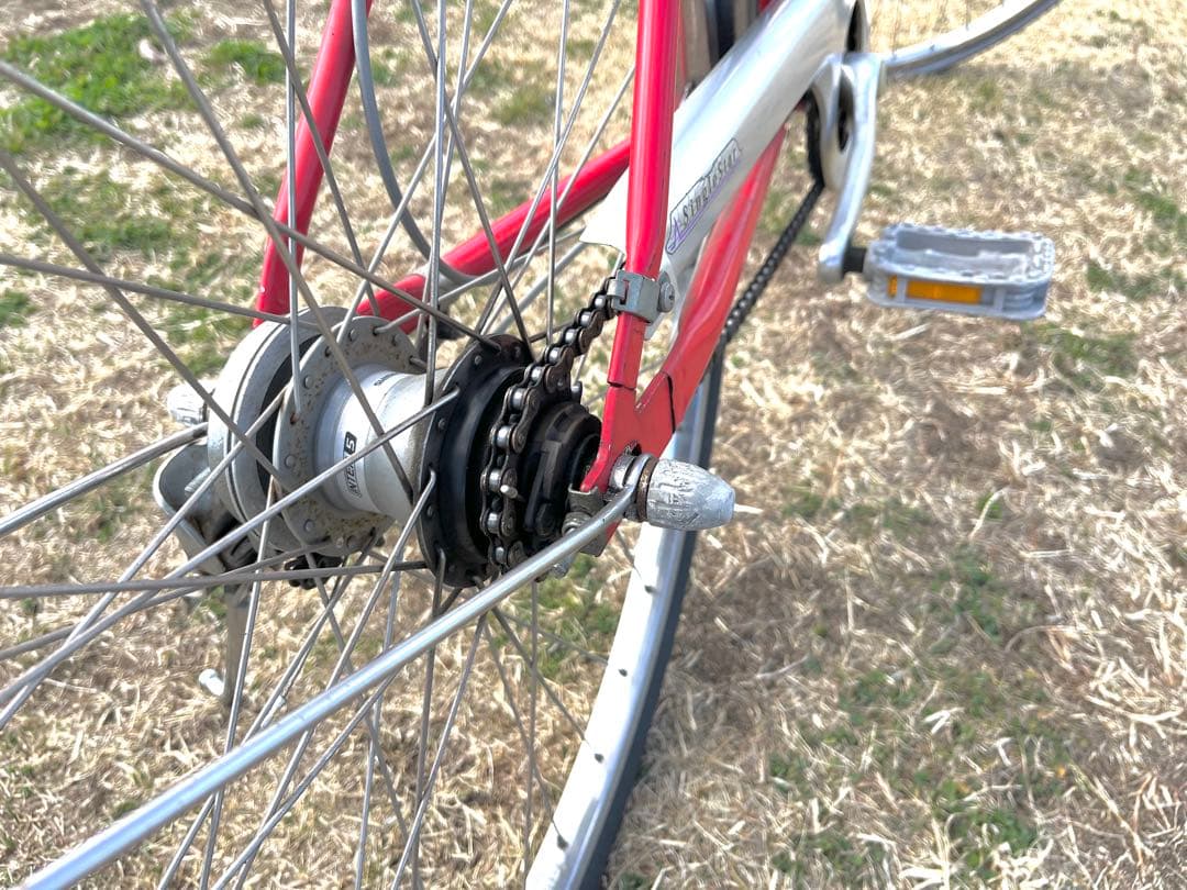 BRIDGESTONE シティサイクル 赤 前カゴ付き　27インチ